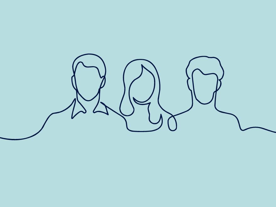 Graphic line drawing of three people's heads.
