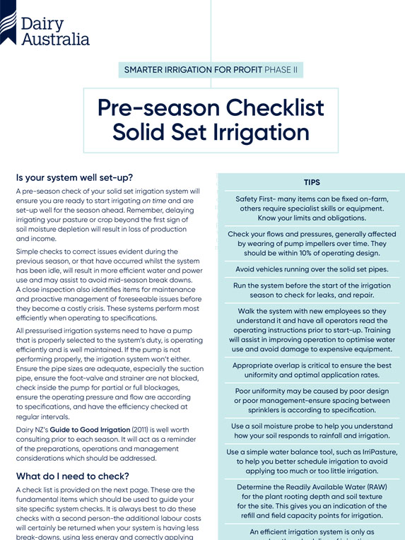 Pre-season Checklist Solid Set Irrigation