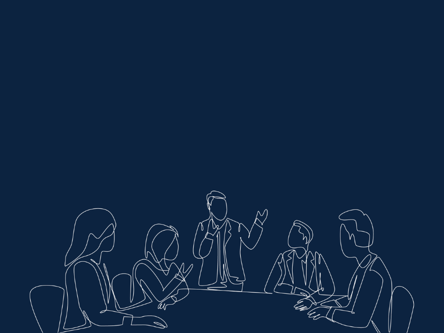 A white line drawing outlines a table with board members sitting. The Chair of the board stands in the centre of the image.