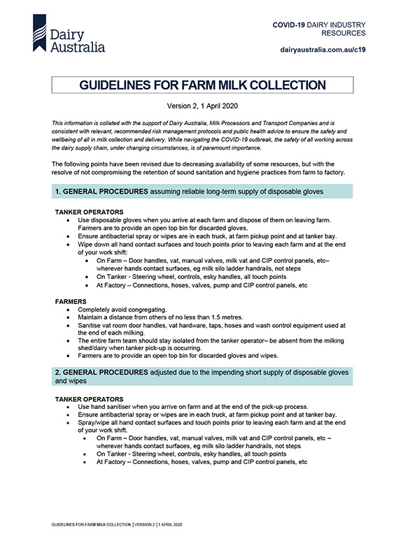COVID 19 Guidelines for farm milk collection 1April2020 thumbnail