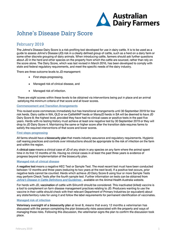 Johnes Disease Dairy Score factsheet thumbnail