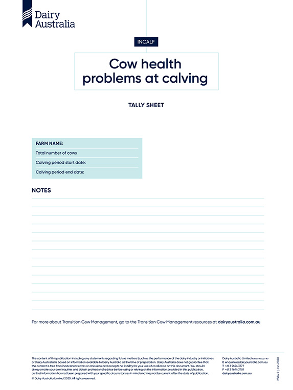 Cow health problems at calving Tally Sheet thumbnail